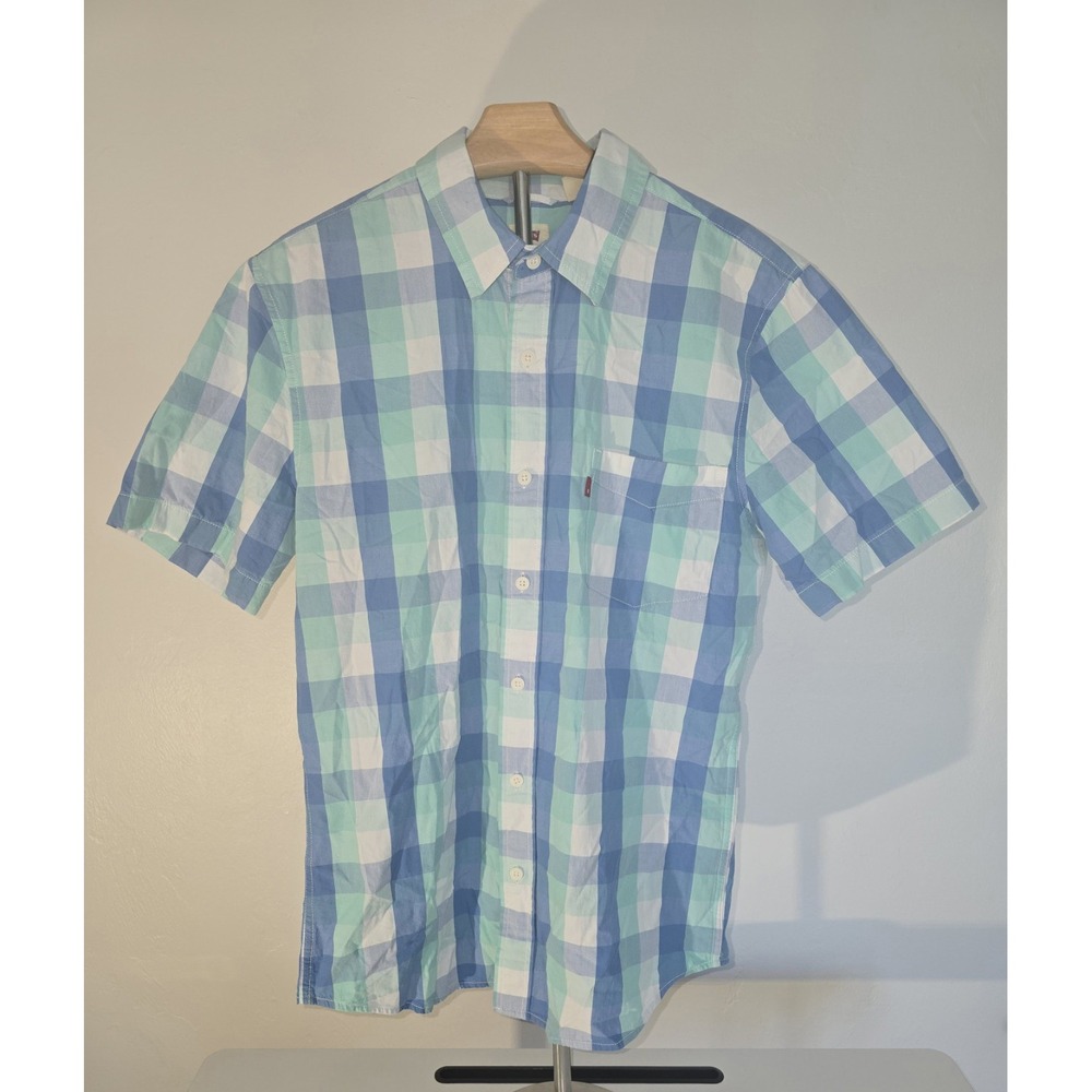 Levis Youth Short Sleeve Small Blue Green White Check -80